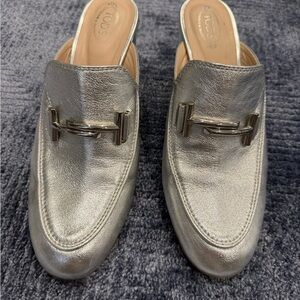Tod's Metallic Silver Mules